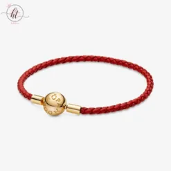 14k Gold-Plated Red Leather Bracelet with Round Clasp